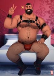 1boy 1male balls bara beard belly body_hair bulge doctor_anfelo facial_hair hairy hairy_arms hairy_belly hairy_chest hairy_legs hairy_male harness jockstrap male male_only musclegut muscles muscular muscular_male one_eye_closed peace_sign penis sitting solo solo_male underwear