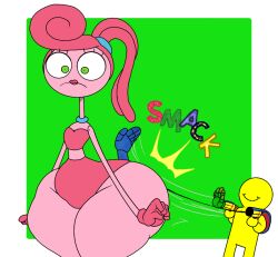 anthro ass_slap big_ass butt_slap color_edit devonjiggly_(coloring) flat_chest green_eyes huge_ass milf mommy_long_legs pink_hair pink_skin player poppy_playtime protagonist_(poppy_playtime) smile spaghettiz spanking surprised_expression thick_thighs thin_waist wide_hips