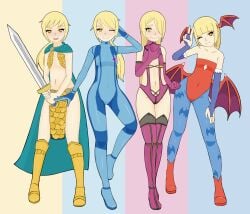 adult blonde_hair clothing cosplay darkstalkers female female_only flat_chest light-skinned lilith_aensland mari_gold metroid mileena mileena_(cosplay) mole mole_under_eye mortal_kombat one_piece orange_eyes rebecca_(one_piece) rong_rong samus_aran samus_aran_(cosplay) small_breasts solo stockings succubus thick_eyebrows