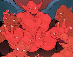 abs anthro boner demon's_crest erection firebrand gargoyle genitals ghosts_'n_goblins group licking_paws male male/male male_only muscular muscular_male nude penis red_arremer red_body see-saw spread_legs spreading white_eyes wings