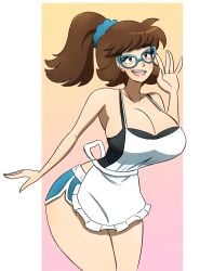 apron breasts brown_eyes brown_hair cleavage emie_(kobi) glasses kobi-tfs large_ass large_breasts looking_at_viewer pony short_shorts smiling_at_viewer