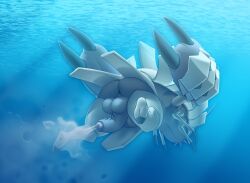 2023 anthro arthropod ass balls bodily_fluids claws crustacean cubow cum cum_in_water cumshot detailed_background ejaculation exoskeleton faceless_character faceless_male foreskin generation_7_pokemon genital_fluids genitals golisopod grey_claws half-erect hands-free hi_res humanoid_genitalia humanoid_penis hybrid_genitalia hybrid_penis light lighting low-angle_view male marine natural_armor nintendo nude partially_retracted_foreskin penile_spines penis pokemon pokemon_(species) semi-anthro solo spontaneous_ejaculation sunlight swimming underwater water white_body white_exoskeleton