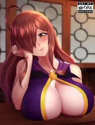 1girls ahoge big_breasts blush breasts_on_table brown_hair female female_only hair_over_one_eye inner_sideboob kono_subarashii_sekai_ni_shukufuku_wo! leaning_on_elbow long_hair looking_at_viewer ohdax orange_eyes smiling smiling_at_viewer solo wiz_(konosuba)