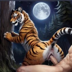 1boy 1girls ai_generated anatomically_correct animal_genitalia animal_pussy anus bodily_fluids cum cum_drip cum_in_pussy cum_inside detailed detailed_background detailed_fur director_firewolf dripping duo faceless_character faceless_male felid feline feline_pussy female feral forest from_behind_position full_moon furryrock_(model) genital_fluids genitals grass hi_res human human_on_feral humanoid_genitalia humanoid_penis looking_pleasured male male/female male_on_feral mammal moon night pantherine paws penetration penis plant pussy raised_tail sex tiger tree vaginal_penetration zoophilia