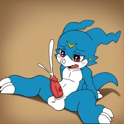 anthro balls bandai_namco blush bodily_fluids cum digimon digimon_(species) genital_fluids genitals male orgasm penis solo solo_male vee_stitch veemon vein