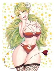 bikini bikini_bottom bikini_top cleavage female female_only fishnets green_hair horny_female mairimashita!_iruma-kun mrs._valac red_bikini revealing_clothes stockings welcome_to_demon_school!_iruma-kun