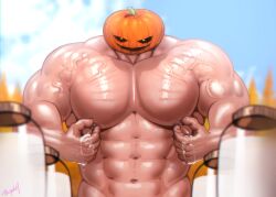 1boy 2023 bara bara_tits barazoku biceps bopehol gay halloween hi_res highres holidays jack-o'-lantern jack_o'_lantern looking_at_viewer male male_focus male_nipples male_only manly muscular_arms muscular_male nipples pecs pumpkin pumpkin_head pumpkin_head_(character) solo solo_male yaoi