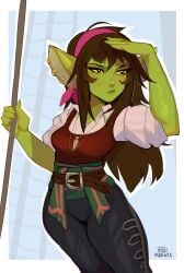 1girls absurd_res bandana black_eyes brown_hair clothing earrings female female_only goblin goblin_female gobtober gobtober_2023 green_skin long_hair maewix1 narrowed_eyes pirate pointy_ears solo yellow_sclera