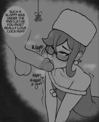 2boys abarus blowjob blush christmas english english_text fellatio femboy gay gay_denial glasses kissing_penis kneeling lynn_(abarus) mistletoe mistletoe_above_penis monochrome original penis penis_awe sloppy text yaoi