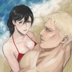 1boy 1girls asian asian_female athletic_female attack_on_titan beach bikini black_hair black_hair_female blonde_hair blonde_hair_male breast_on_chest breast_press breast_press_on_chest breasts_against_chest chiseled_body cleavage couple embrace embracing female hugging josmium male mikasa_ackerman muscular muscular_male pecs pectorals ponytail red_bikini reiner_braun scar scar_on_cheek scar_on_face scar_under_eye seaside shingeki_no_kyojin straight summer swimsuit tied_hair white_male_asian_female