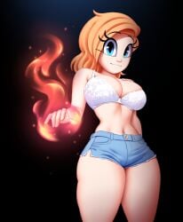 blonde_hair blue_eyes bra cassidy_(saymanart) cute female female_only jorts midriff original saymanart solo solo_female tagme thick_thighs white_bra