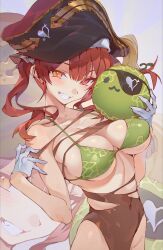 :3 blush close-up eyepatch gloves hololive hololive_fantasy hololive_japan houshou_marine hxxg large_breasts melon melon_(suika_game) pirate_hat ripped_clothing smile suika_game teeth teeth_showing virtual_youtuber