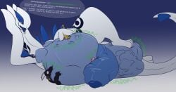 absurd_res anthro balls beep_(amper) belly big_balls big_penis cock_vore dominant dominant_male dragon english_text feral flaaffy foreskin fyrrex generation_2_pokemon genitals group hi_res huge_balls huge_cock kahrugia larger_male lugia lying male nintendo on_side overweight overweight_male penile penis pokemon pokemon_(species) senbiku_mew size_difference smothering sound_effects struggling struggling_prey tattoo text vein veiny_penis vore