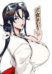 1girls big_breasts blue_eyes blue_hair breasts busty cleavage curvaceous curvy curvy_body curvy_female curvy_figure dark_blue_hair female goggles goggles_on_head huge_breasts kyugata large_breasts miko miko_outfit sengoku_ace sengoku_cannon shrine_maiden togashi_koyori voluptuous