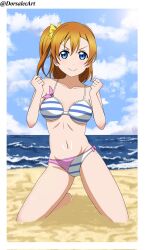 1girls artist_name beach bikini bikini_bottom bikini_top blue_eyes bow bra christmas cleavage dorsalec english_text female female_focus female_only hi_res kousaka_honoka long_hair looking_at_viewer love_live! love_live!_school_idol_project orange_hair posing sand shoulder_length_hair side_ponytail smile solo solo_female solo_focus water