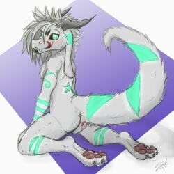 anthro anus black_sclera blush dragon floppy_ears fur furred_dragon hi_res horn kneeling link_(linktoreality) linktoreality male markings pawpads paws raised_tail simple_background solo tail tongue tongue_out