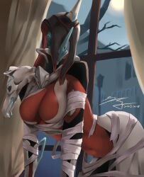 1girls 2d_(artwork) ass belly breasts cleavage dagath_(warframe) halloween_costume hips medium_breasts solo solo_female thighs tummy warframe yuijim1