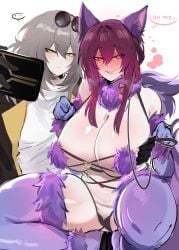 2girls blush breasts fate/grand_order fate_(series) female grey_hair halloween hi_res honkai:_star_rail honkai_(series) huge_breasts kafka_(honkai:_star_rail) kurenaiz1 light-skinned_female light_skin long_hair mash_kyrielight_(dangerous_beast)_(cosplay) naughty_face purple_hair smile speech_bubble squatting stelle_(honkai:_star_rail) thick_thighs