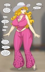 barbie_(2023) barbie_(cosplay) barbie_(cowgirl) barbie_(franchise) bimbofication brainwashing cleavage english_text female huge_breasts hypnosis midriff_peek pants personality_change runningtoaster rwby text thick_thighs transformation wide_hips yang_xiao_long