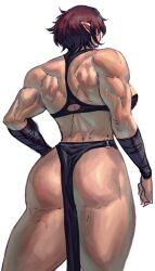 1girls ass back_view big_ass breasts brown_hair hi_res loincloth muscular_arms muscular_back muscular_female muscular_thighs original pointy_ears short_hair simple_background solo thick_thighs virgoart1509 white_background