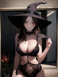 1girls ai_generated ai_mirror belly_button black_bodysuit black_bra blush brown_hair cape collar door flower_pot grey_eyes hand_holding_object long_hair looking_at_viewer medium_breasts smile solo white_skin window witch witch_hat