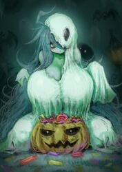 2b213 bedsheet_ghost big_breasts ghost ghost_girl halloween huge_breasts mei_(2b213) trick_or_treat wardrobe_malfunction