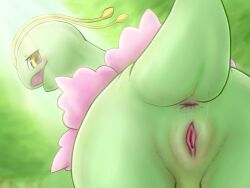 4:3 animal_genitalia animal_pussy antennae_(anatomy) anus aroused ass bedroom_eyes big_butt black_pupils blush blush_lines bodily_fluids butt_focus digital_media_(artwork) dinosaur elemental_creature female feral flora_fauna flower generation_2_pokemon genital_fluids genital_focus genitals green_body green_pussy hi_res k-dra61 looking_at_viewer looking_back looking_back_at_viewer meganium monotone_body narrowed_eyes nintendo nude open_mouth outside pink_flower pink_inner_pussy plant plump_labia pokemon pokemon_(species) presenting presenting_hindquarters presenting_pussy pupils pussy pussy_juice pussy_juice_on_tail pussy_juice_string quadruped raised_tail rear_view reptile sauropod scalie seductive solo tail yellow_eyes