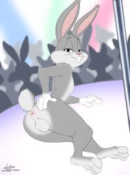 absurd_res anthro ass balls buckteeth bugs_bunny clothing dancing fur genitals gloves grey_body grey_fur handwear hi_res lagomorph leporid link6432 looney_tunes male male_only mammal nude pole pole_dancing rabbit solo teeth warner_brothers