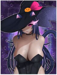 1girls big_breasts big_hat blue_hair cat_ears cat_tail cleavage female_only halloween hat highres huge_breasts latam_virtual_youtuber light-skinned_female light_skin long_hair looking_at_viewer mole mole_on_breast mole_under_eye mole_under_mouth n4hkz pink_eyes pink_hair shura_hiwa smiling_at_viewer two_tone_hair virtual_youtuber witch_hat