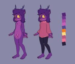 5_fingers 5_toes absurd_res anthro barefoot clothing countershading deer feet fingers fur girly hair haitbe hatie hi_res leggings legwear male mammal model_sheet nude purple_body purple_fur purple_hair solo sweater toes topwear yellow_eyes