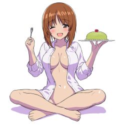 blush bottomless breasts brown_eyes brown_hair cleavage female fork full_body girls_und_panzer holding_fork kotorigaka large_breasts looking_at_viewer navel nishizumi_miho no_bra no_panties open_mouth pudding shirt short_hair sitting smile solo white_shirt wink