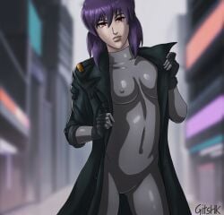 1girls bodysuit coat coat_open female ghost_in_the_shell gits-hk kusanagi_motoko looking_at_viewer petite presenting_breasts purple_hair seductive_look tight_clothes tight_clothing