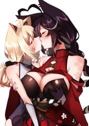 2girls blonde_hair brown_hair cat_ears catgirl face_markings female female_only kissing momotexx_(vtuber) multiple_girls squchan_(vtuber) virtual_youtuber vtuber vyugen wolf_ears wolf_girl yuri