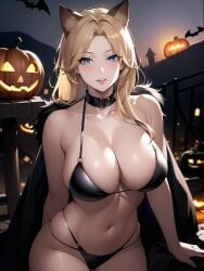 1girls ai_generated ai_mirror bat belly_button big_breasts black_bra black_panties black_underwear blonde_hair blue_eyes blush cape collar fence jack-o'-lantern long_hair looking_at_viewer pumpkin seductive white_skin wolf_ears