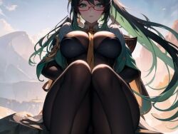 1girls ai_generated between_breasts big_breasts black_hair blush bodysuit chinese_clothes closed_mouth colored_inner_hair genshin_impact glasses green_eyes huge_breasts knees_together_feet_apart long_hair looking_at_viewer mature mature_female necktie necktie_between_breasts ponytail red-framed_glasses sitting thick_thighs thighs xianyun_(genshin_impact)