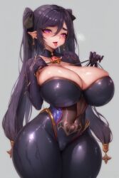 ai_generated breasts curvaceous curvy female genshin_impact hair_ribbon holaraai huge_ass huge_breasts mona_(genshin_impact) pointy_ears thick tongue_out twintails valentxne