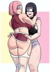 2girls alternate_angle alternate_version_available ass ass_focus big_ass big_breasts black_lipstick boruto:_naruto_next_generations bra breasts covered_eyes dat_ass donchibi eyes_covered female female_only hands_on_shoulders headband horny hyuuga_hinata licking_lips lifting_skirt lipstick mature_female milf naruto naruto_(series) pink_hair sakura_haruno short_hair short_shorts shorts skimpy skimpy_clothes violet_hair yuri