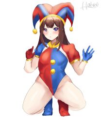 2023 2d 2d_(artwork) 2d_artwork artist_request big_thighs breasts brown_hair female glitch_productions gloves gooseworx jester jester_cap jester_costume jester_girl jester_hat jester_outfit looking_at_viewer pomni pomni_(the_amazing_digital_circus) short_hair small_breasts spread_legs the_amazing_digital_circus thick_thighs white_body