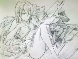 1boy 1girls azura_(fire_emblem) breasts breasts_out clothed_male corrin_(fire_emblem) corrin_(male)_(fire_emblem) fire_emblem fire_emblem_fates long_hair medium_breasts nipple_sucking nipples one_eye_closed shiratsu_(white-seaside) sketch straight very_long_hair