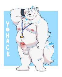 2023 anthro balls belly big_belly black_nose blush canid canine canis closed_eyes domestic_dog erection genitals hi_res kemono lifewonders live_a_hero male mammal moobs navel nipples overweight overweight_male penis simple_background solo white_body whitebeast20 yohack