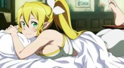 1boy 1girls ai_generated big_breasts blush blushing_at_viewer breasts busty busty_female feet female female_focus flower_in_hair green_eyes huge_boobs huge_breasts kirigaya_kazuto kirigaya_suguha kirito laying_on_bed leafa looking_at_partner looking_at_viewer male pigtail pillow pillow_grab smile smiling_at_partner smiling_at_viewer sword_art_online yellow_hair