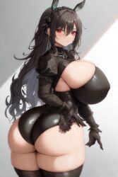 1girls ai_generated big_ass big_breasts breasts bunny_ears bunny_girl bunnysuit female gigantic_breasts holaraai nipple_bulge original original_character red_eyes showing_ass valentxne