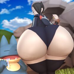 2022 3d 3d_(artwork) ass big_ass big_butt big_thighs black_hair black_leggings black_legwear blue_sky bubble_ass bubble_butt butt_crack cloud clouds dat_ass gigantic_ass gigantic_butt grass huge_ass huge_butt huge_thighs large_ass large_thighs leggings legwear looking_at_viewer looking_back mai_(pokemon_legends) massive_ass massive_butt nintendo oakensfm one_eye_closed one_eye_covered one_eye_obstructed pokemon pokemon_legends:_arceus rocks shiny_ass shiny_butt shiny_hair shiny_skin short_hair thick_ass thick_thighs thighs tight_clothing tight_panties woodworksfm