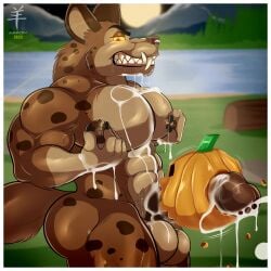 aaron_(artist) anthro balls bodily_fluids cum cum_on_chest cum_on_self cumshot ejaculation fangs food fruit genital_fluids genitals glowing glowing_eyes hi_res hyena looking_at_viewer male mammal moon muscular muscular_anthro muscular_male nipple_fetish nipple_play outside penis plant pumpkin pumpkin_masturbation spotted_hyena teeth