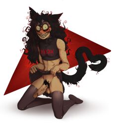 1boy animal_humanoid cat_ears cat_tail catboy crazy_eyes creepy crop_top feminization john_doe_(character) john_doe_(game) john_doe_(john_doe) messy_hair nestormrr purpleverse scars_all_over skirt_lift solo_male stockings thighhighs