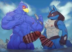 abs absurd_res anthro avian balls beak blue_body canid canine censored duo erection falco_lombardi frottage generation_4_pokemon genitals hi_res humanoid_genitalia humanoid_penis lucario macro male mammal muscular muscular_anthro muscular_male nintendo nipples non-mammal_nipples pecs penis pokemon pokemon_(species) sea sex ship spines star_fox tos_tos_f_ski vehicle water watercraft