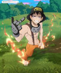 abs aleccanny black_hair crotch_grab en'en_no_shouboutai enen_no_shouboutai fire fire_force kusakabe_shinra male_only middle_finger orange_pants red_eyes shinra_kusakabe smirk solo_male suspenders