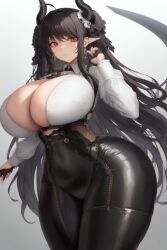 1girls ai_generated big_breasts black_hair breasts curvaceous curvy demon demon_girl demon_horns female gigantic_breasts holaraai horns leather_pants long_hair original original_character pointy_ears red_eyes thick tight_clothing valentxne