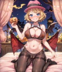 ai_generated bat_wings blonde_hair blue_eyes halloween halloween_costume looking_at_viewer nekom14 nipples_visible_through_clothing no_panties pantyhose pink_hat pokemon pumpkin pussy serena_(pokemon) short_hair sitting_on_bed