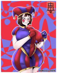 2023 2d 2d_(artwork) 2d_artwork big_breasts big_thighs blush brown_hair elmasiosare female glitch_productions gloves gooseworx holding_clothing huge_breasts huge_thighs jester jester_cap jester_costume jester_girl jester_hat jester_outfit looking_at_viewer micro_bikini nervous nervous_face pomni pomni_(the_amazing_digital_circus) short_hair the_amazing_digital_circus thick_thighs white_body